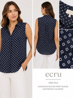 ecru Navy Sleeveless Silk Geometric Button-Front Blouse- size small